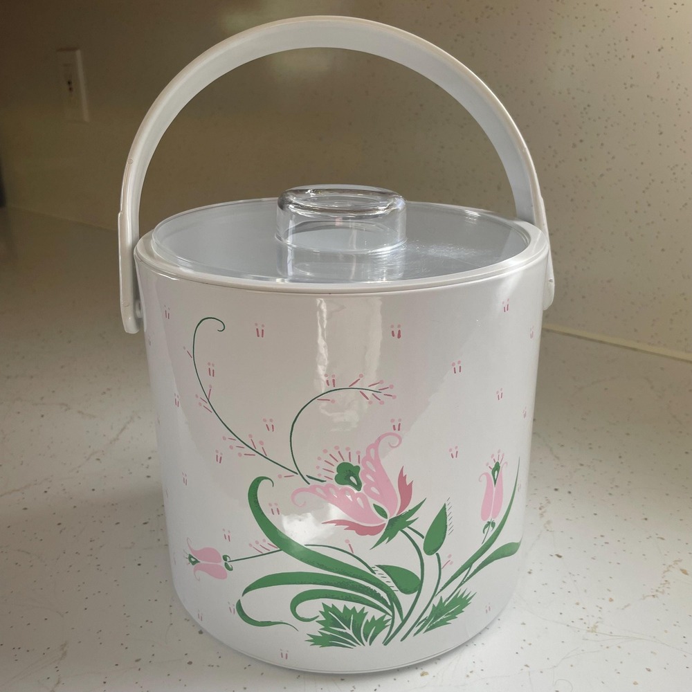 VTG Spring Tulip Ice Bucket w Lid 1970s Retro Garden Party Mid-Century Barware